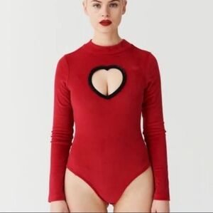 Lazy Oaf Red Velour bodysuit Heart Cutout long sleeve 8